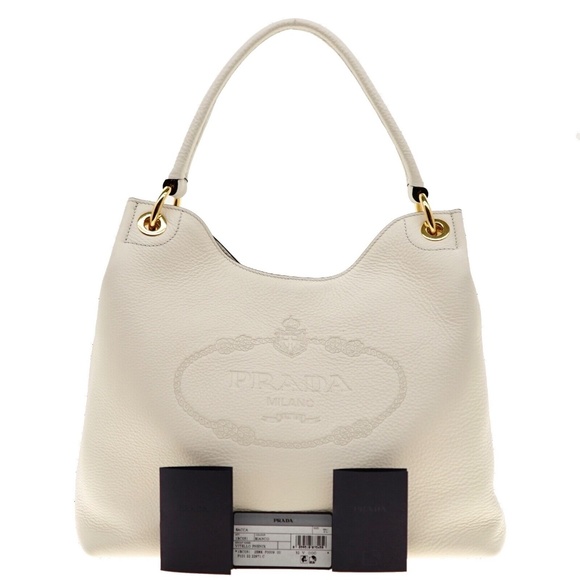 Prada Hobo Shoulder bag Embossed Logo Vitello Phenix White Leather New - Picture 4 of 6